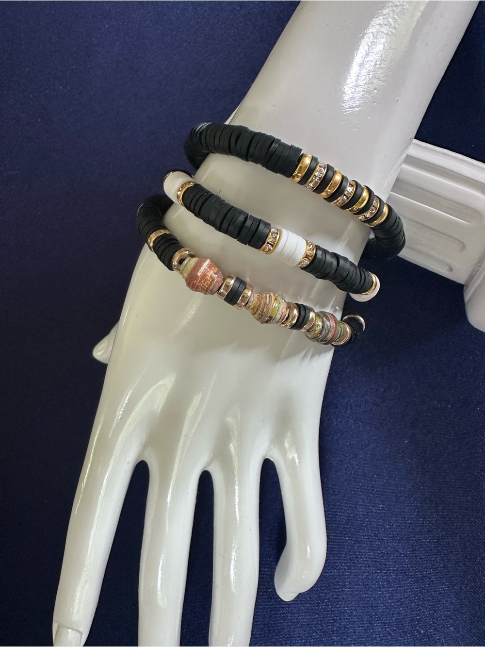Beautiful Heishi Bead Bracelets in Black White & Multicolor with Gold Accents